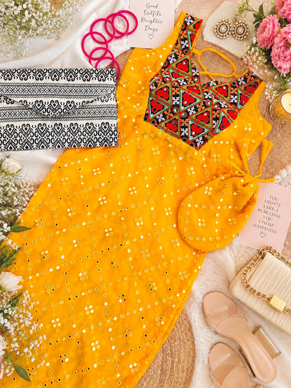 Yellow Mirror Back Tie Gulnaz Kurta