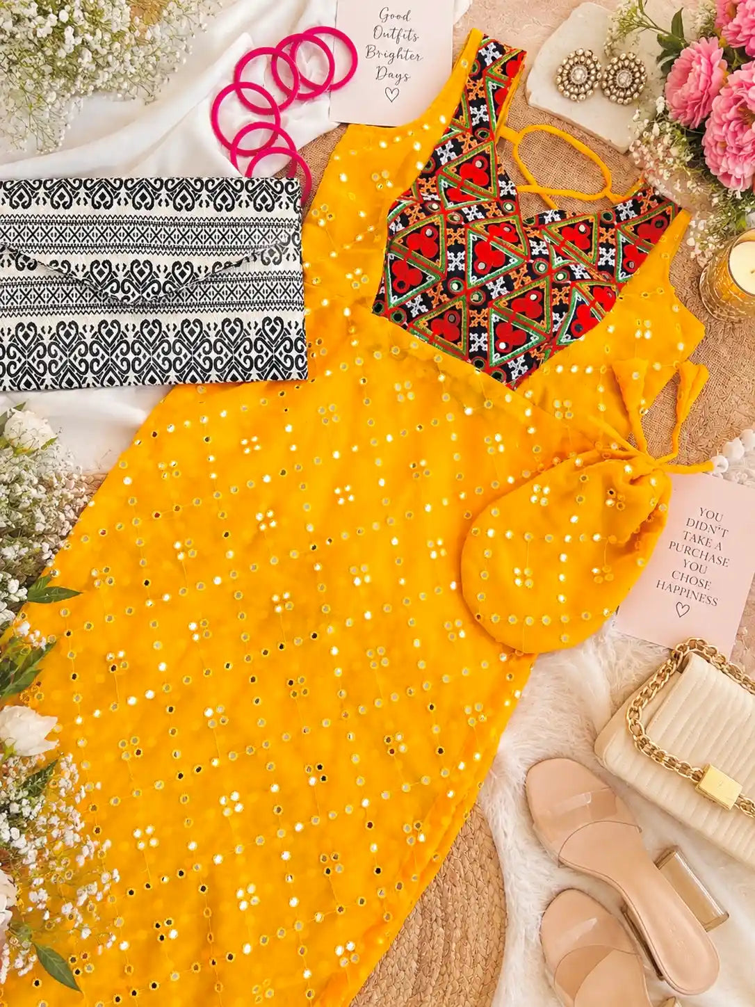 Yellow Mirror Back Tie Gulnaz Kurta