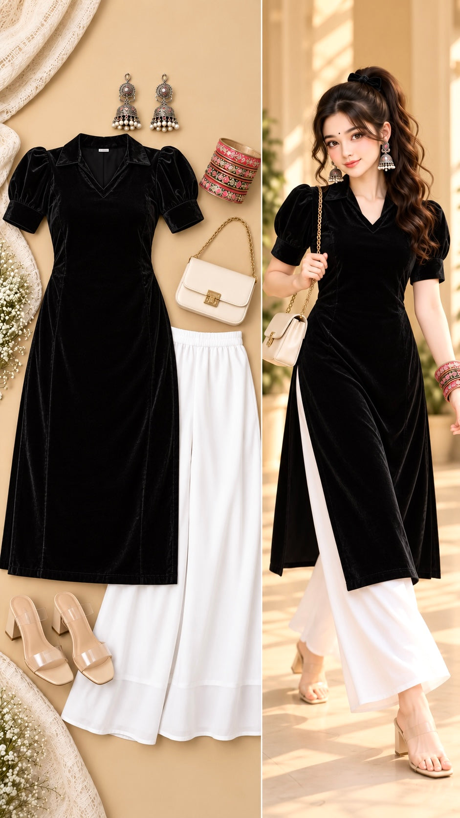 Royal Black Collar Velvet Gulnaz Kurta
