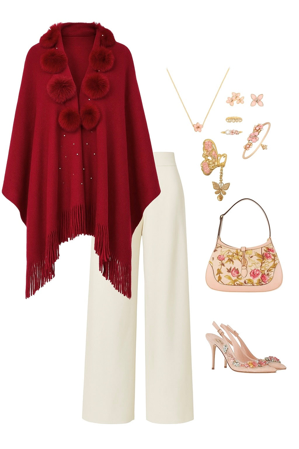 Maroon Pearl Fur Winter Cape