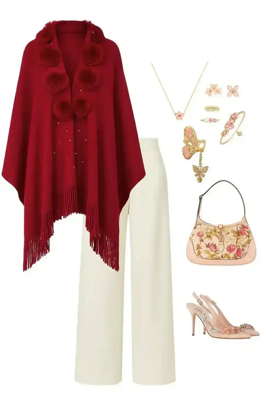 Maroon Pearl Fur Winter Cape