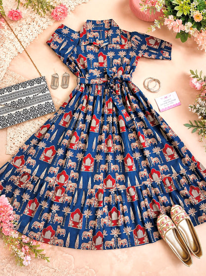 Blue Worli Collar Flared Dress
