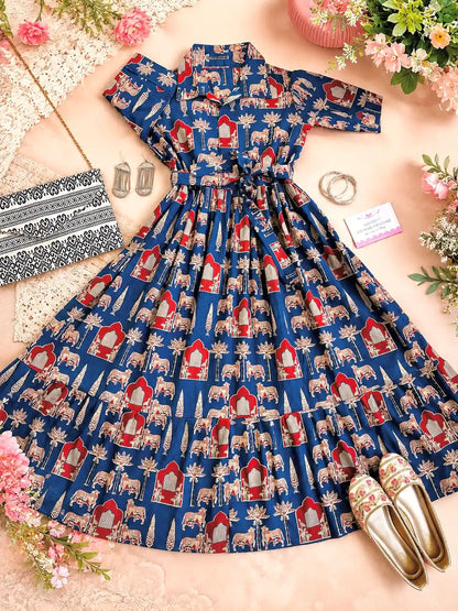 Blue Worli Collar Flared Dress