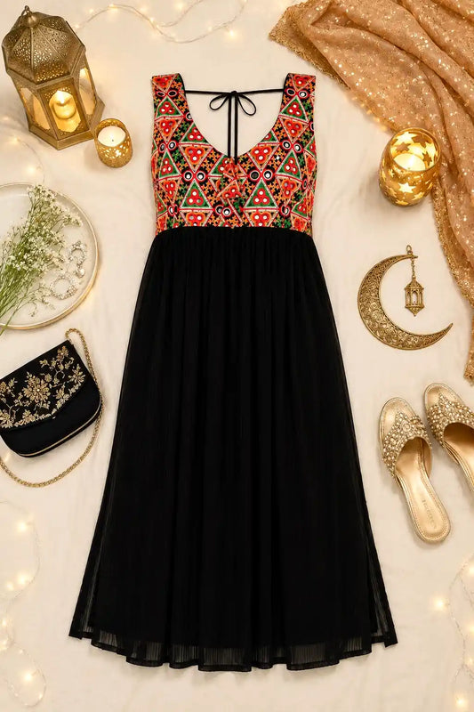 Gamti Black Embroidered Denim Kurta