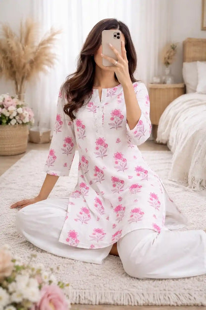 White Block Mulmul Jaipuri Kurta