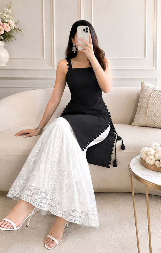 Abony Black Pom Pom Gulnaz Kurta