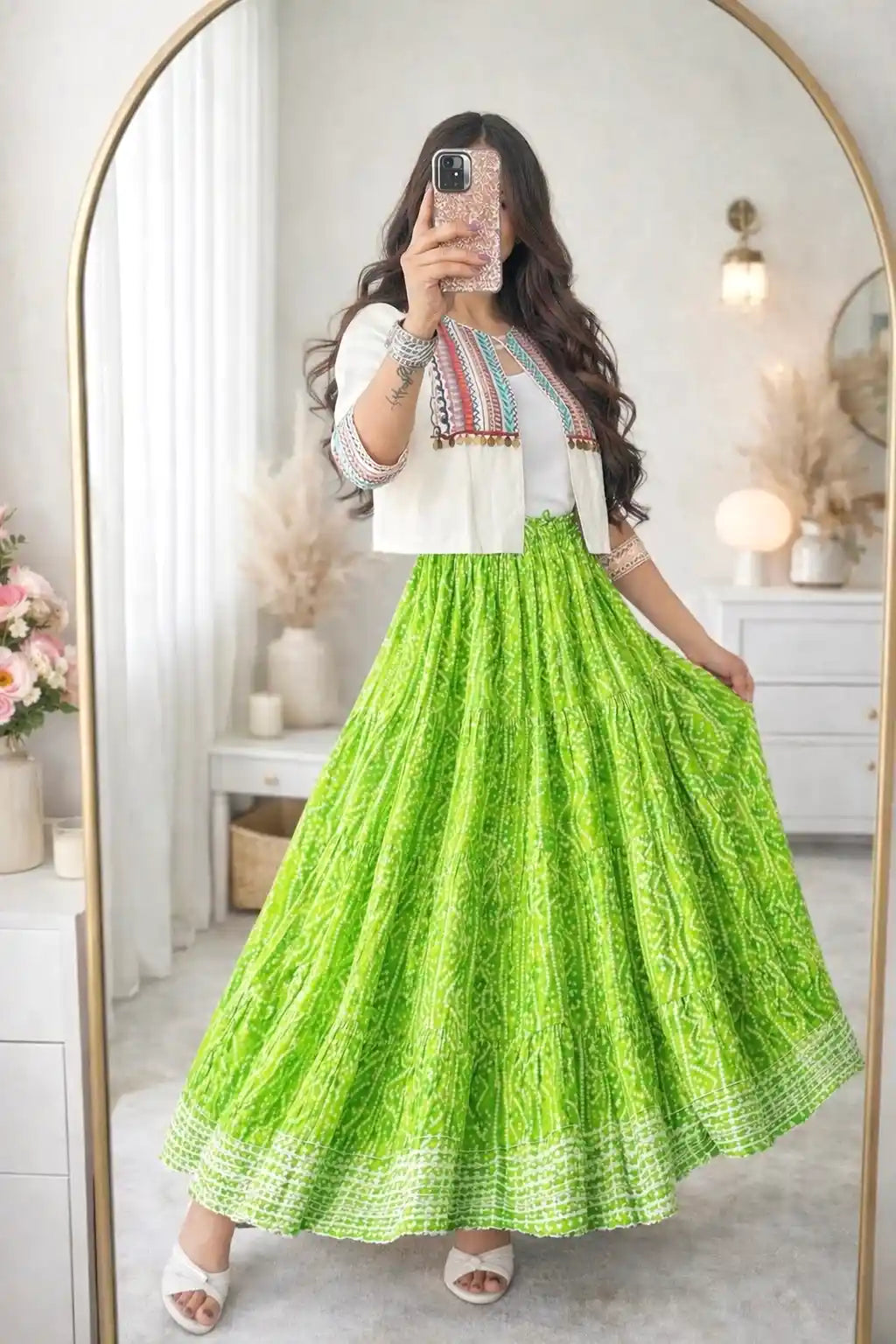 Green Bandhej Jaipuri Twirl Skirt