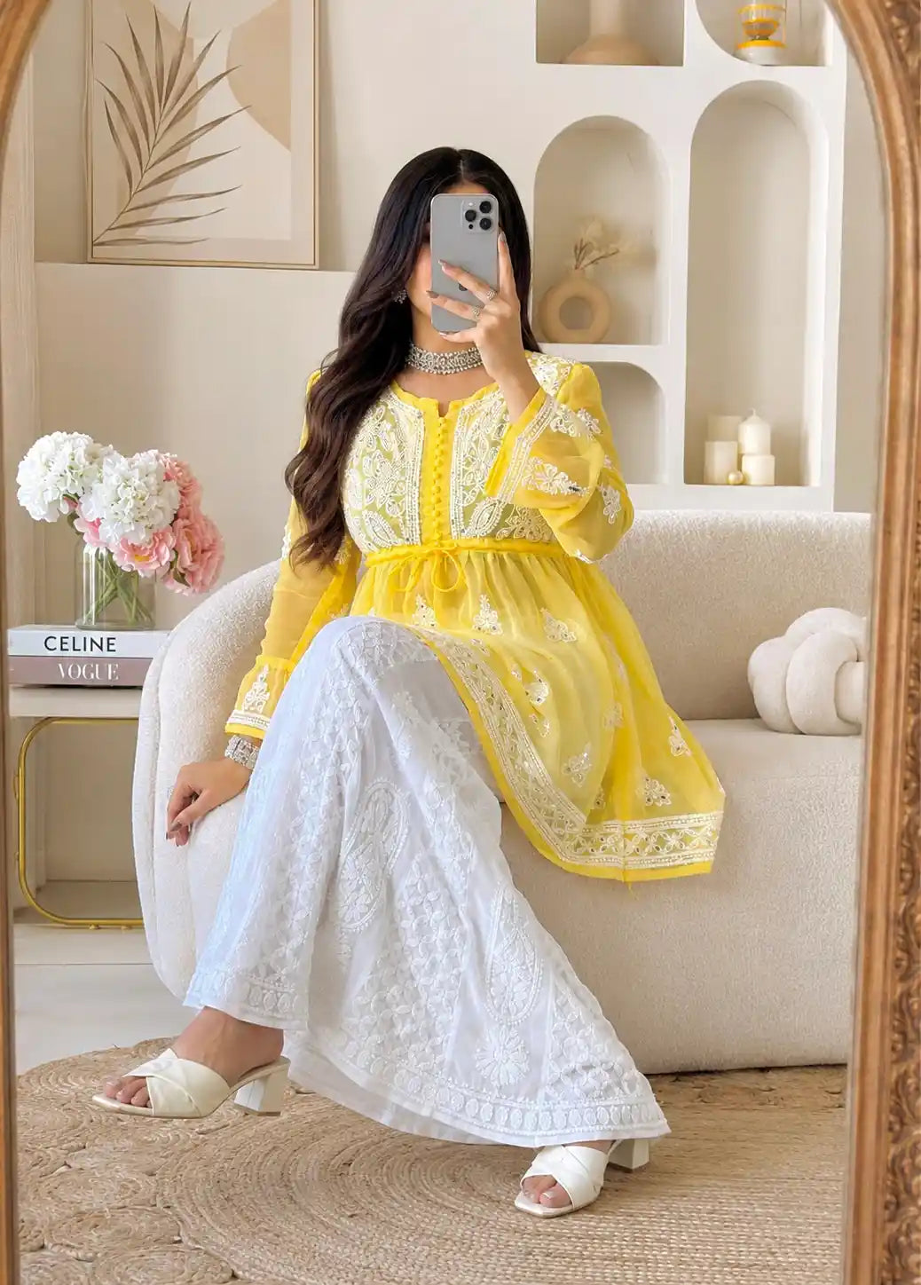 Sunflower Yellow Noor Mirror Chikankari
