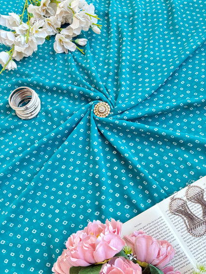 Turquoise Blue Bandhej Gulnaz Fabric Cut