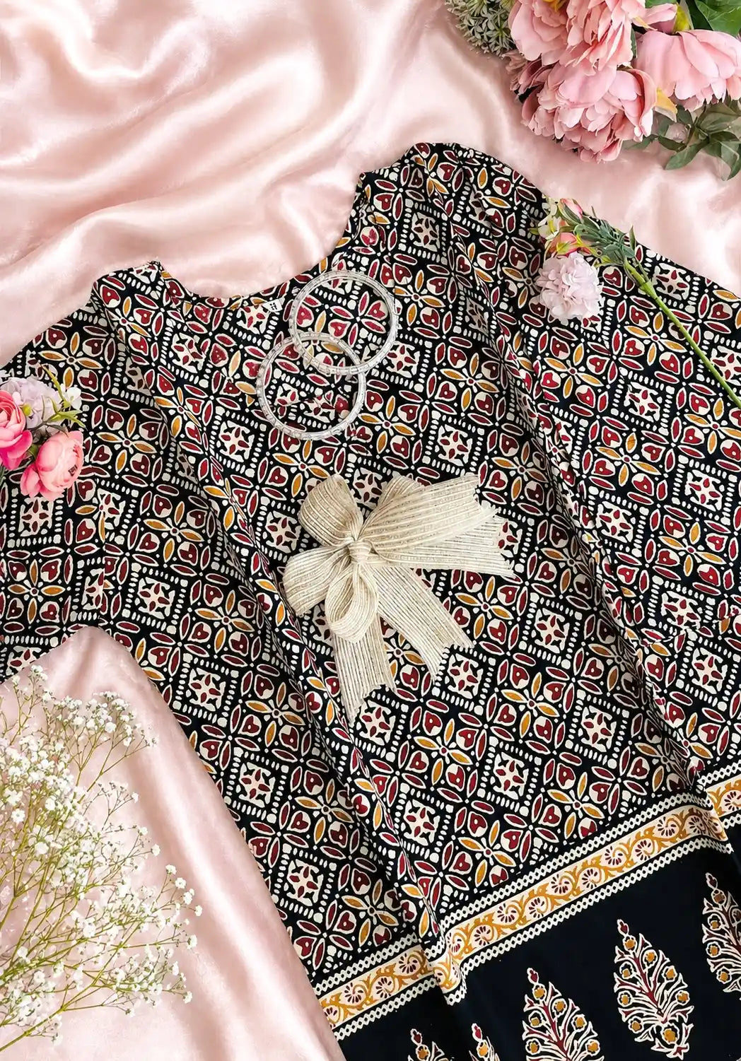 Black Handprinted Short Kurta