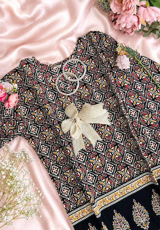 Black Handprinted Short Kurta