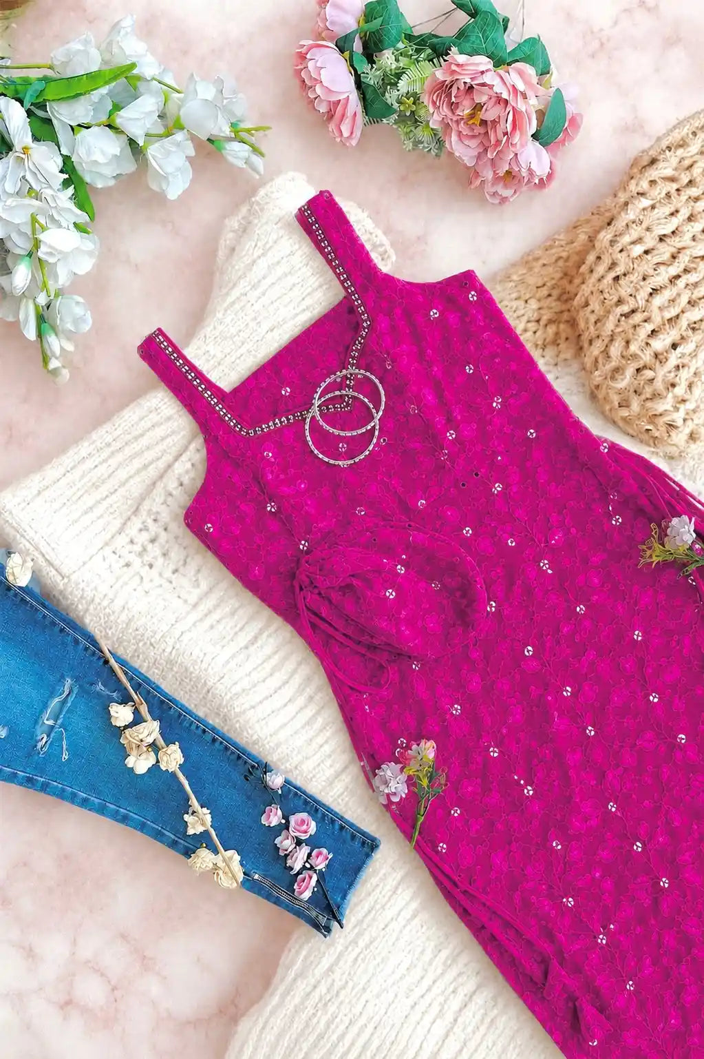Gulnaz Fuchsia Embroidered Straight Kurta
