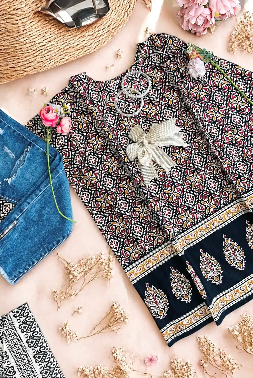 Black Handprinted Short Kurta