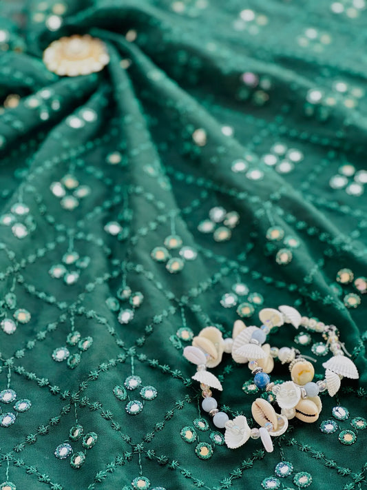 Emerald Green Mirror Embroidered Fabric Cut