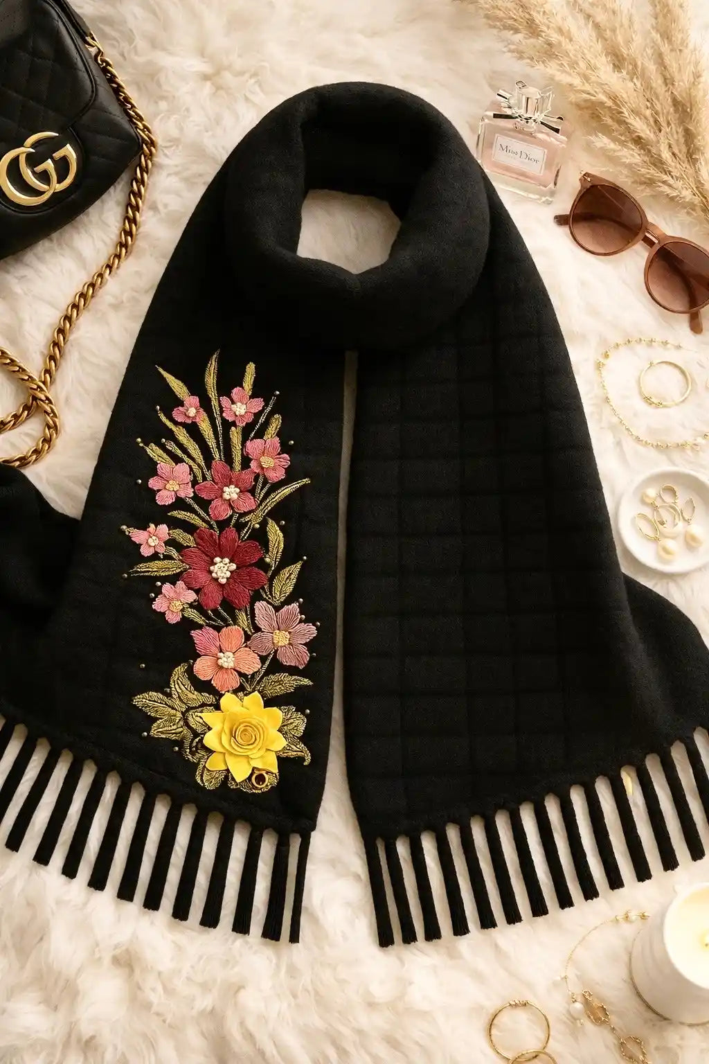 Embroidered Black Wool Winter Stole