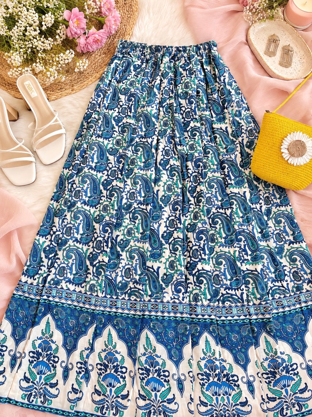 Blue Paisley Jaipuri Flared Cotton Skirt