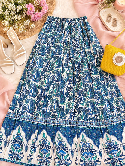 Blue Paisley Jaipuri Flared Cotton Skirt