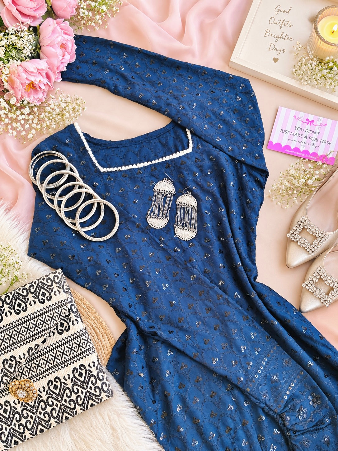 Gulnaz Blue Sequin Embroidered Kurta