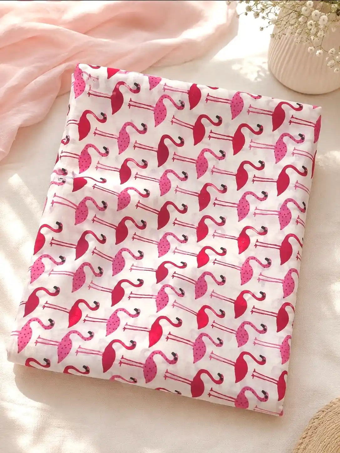 White Flamingo Print Cotton Fabric