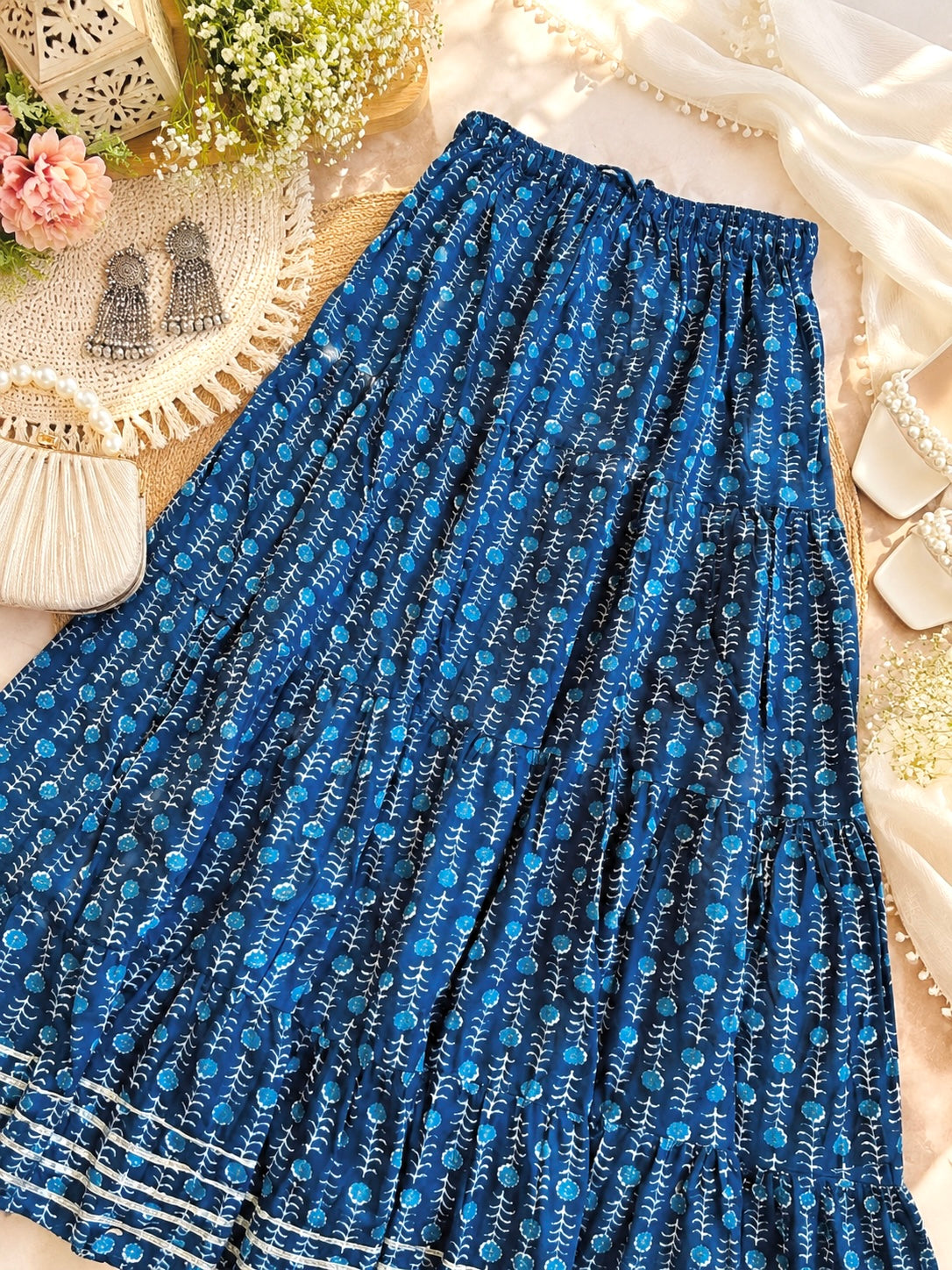 Rustic Jaipuri Indigo Flared Twirl Skirt
