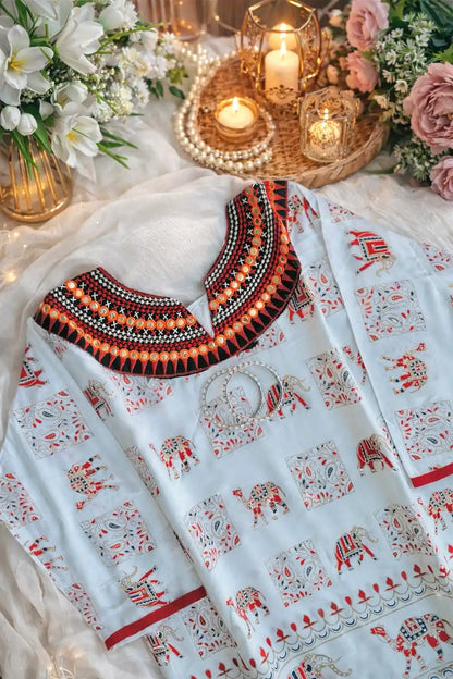 Gamti White Elephant Short Kurta