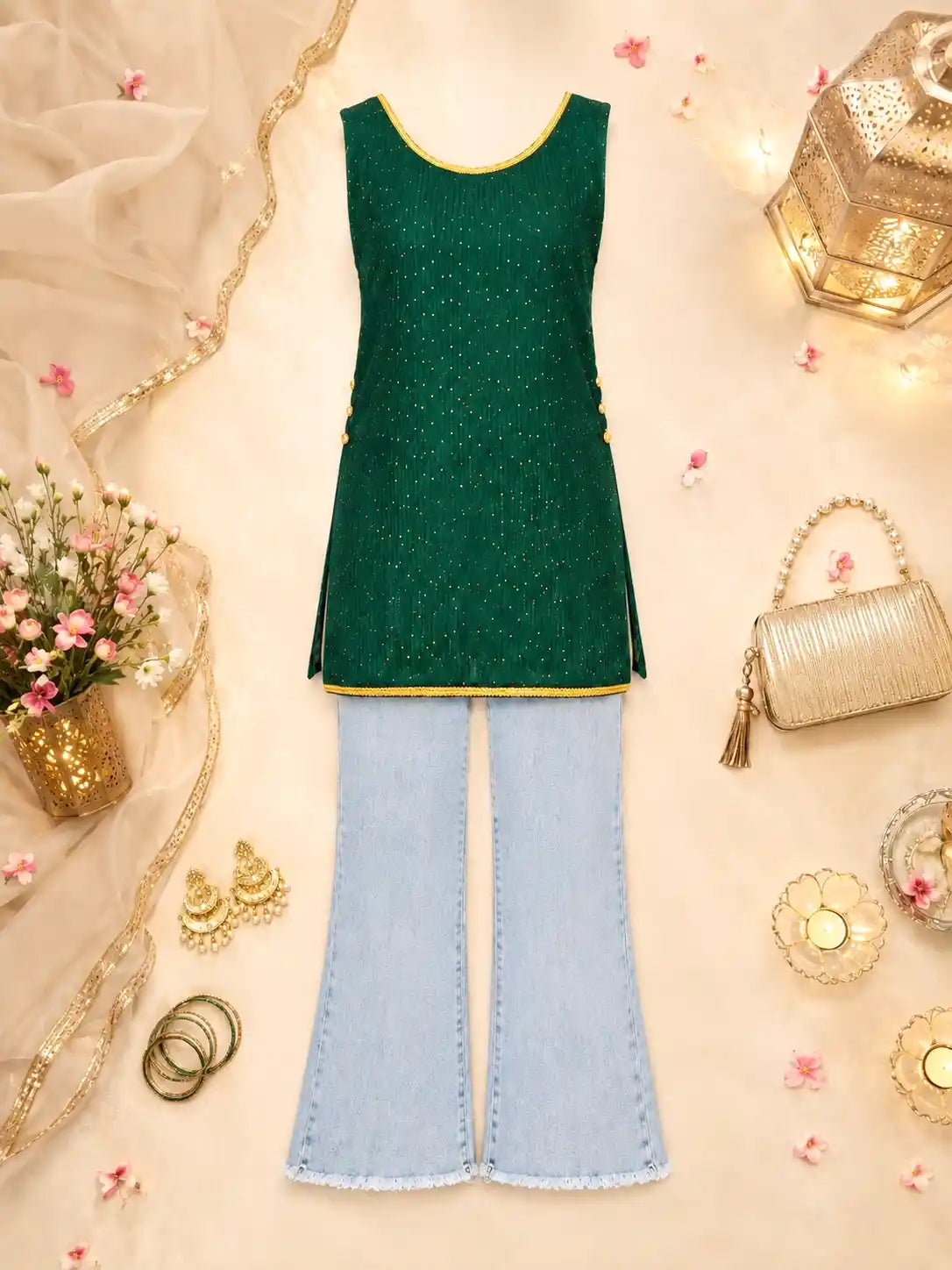 Emerald Green Sequence Short Kurta