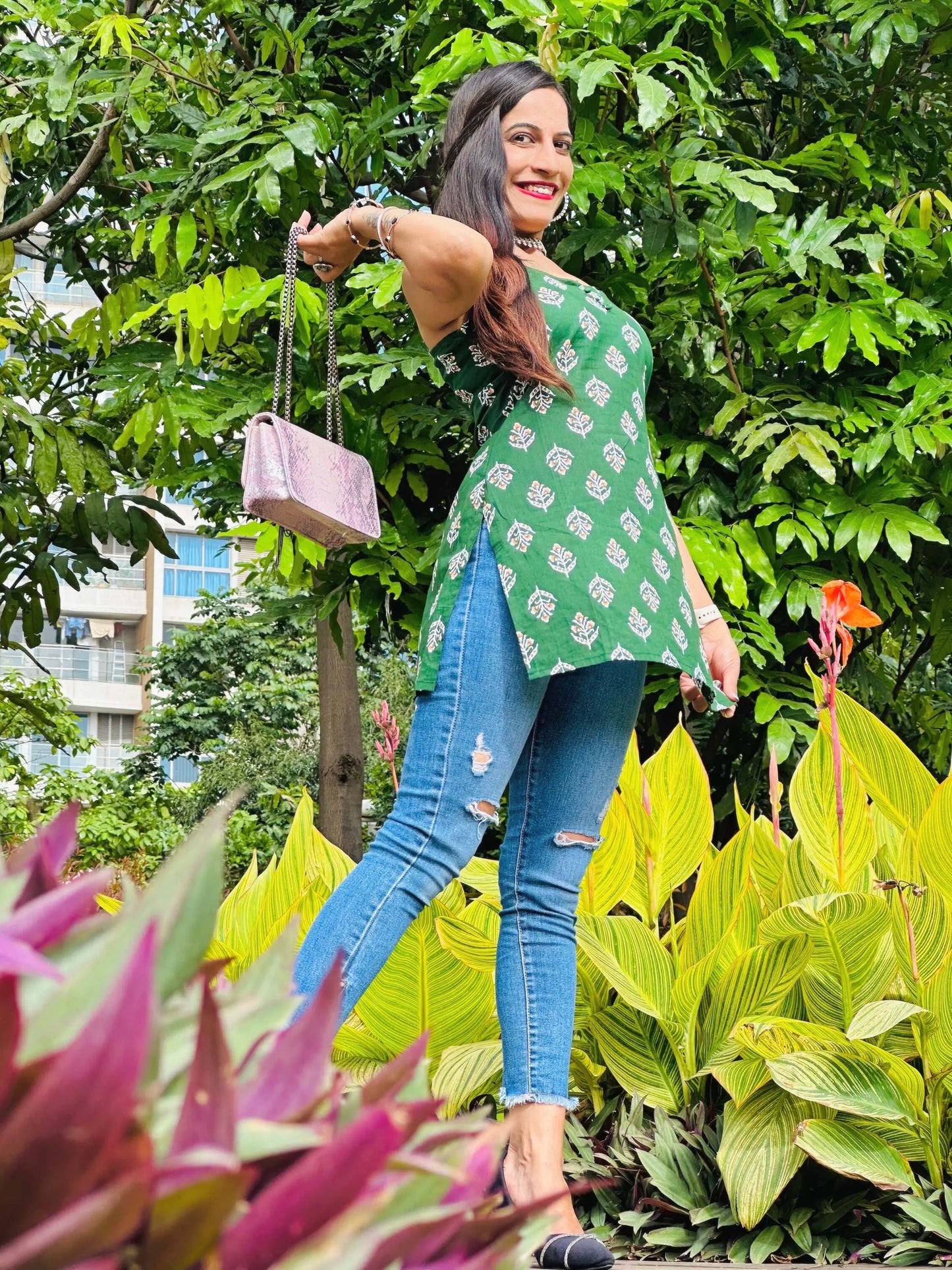 Dark Green Block Print Short Kurta