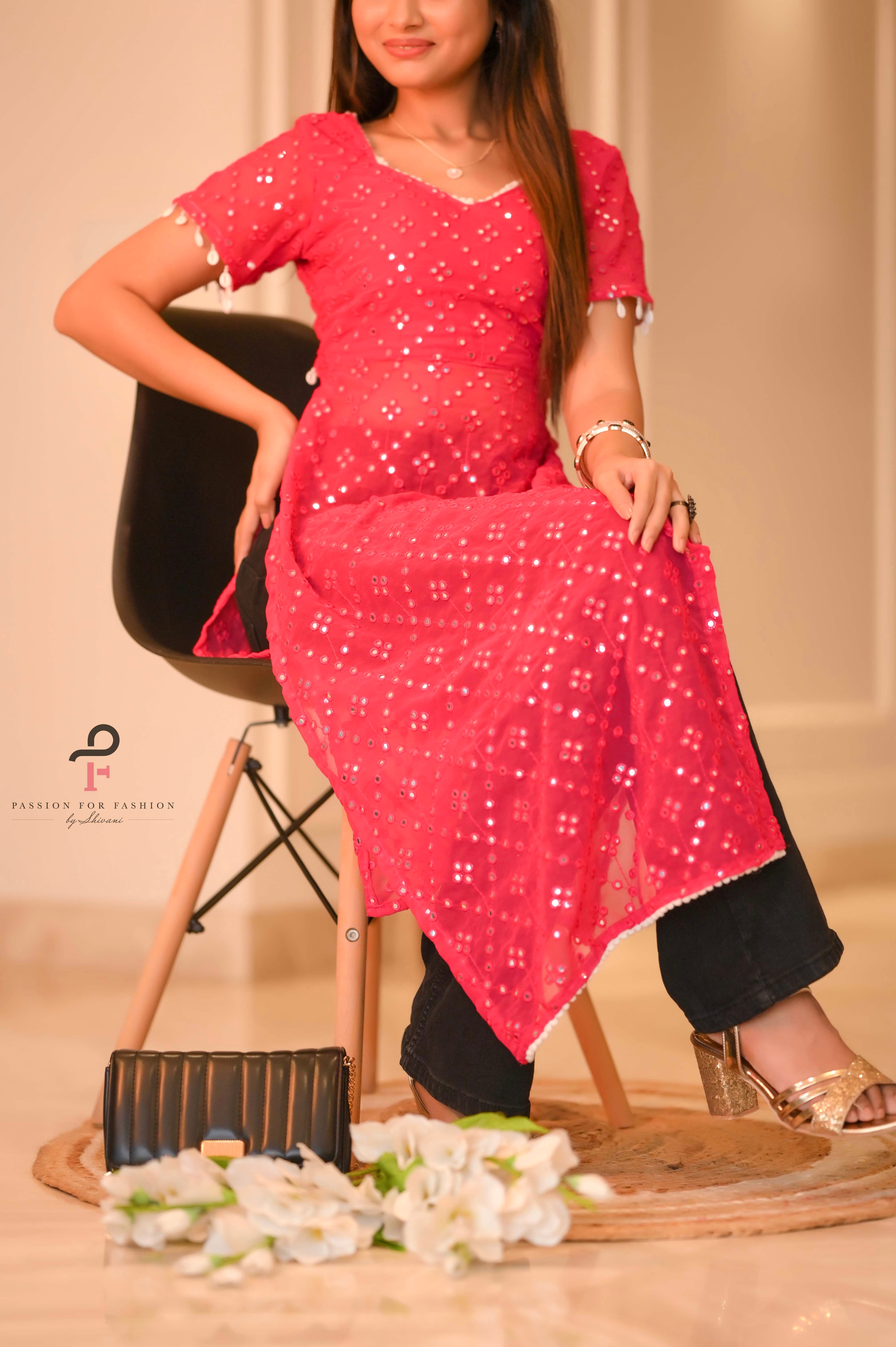 Hot Pink Embroidered Denim Gulnaz Kurta