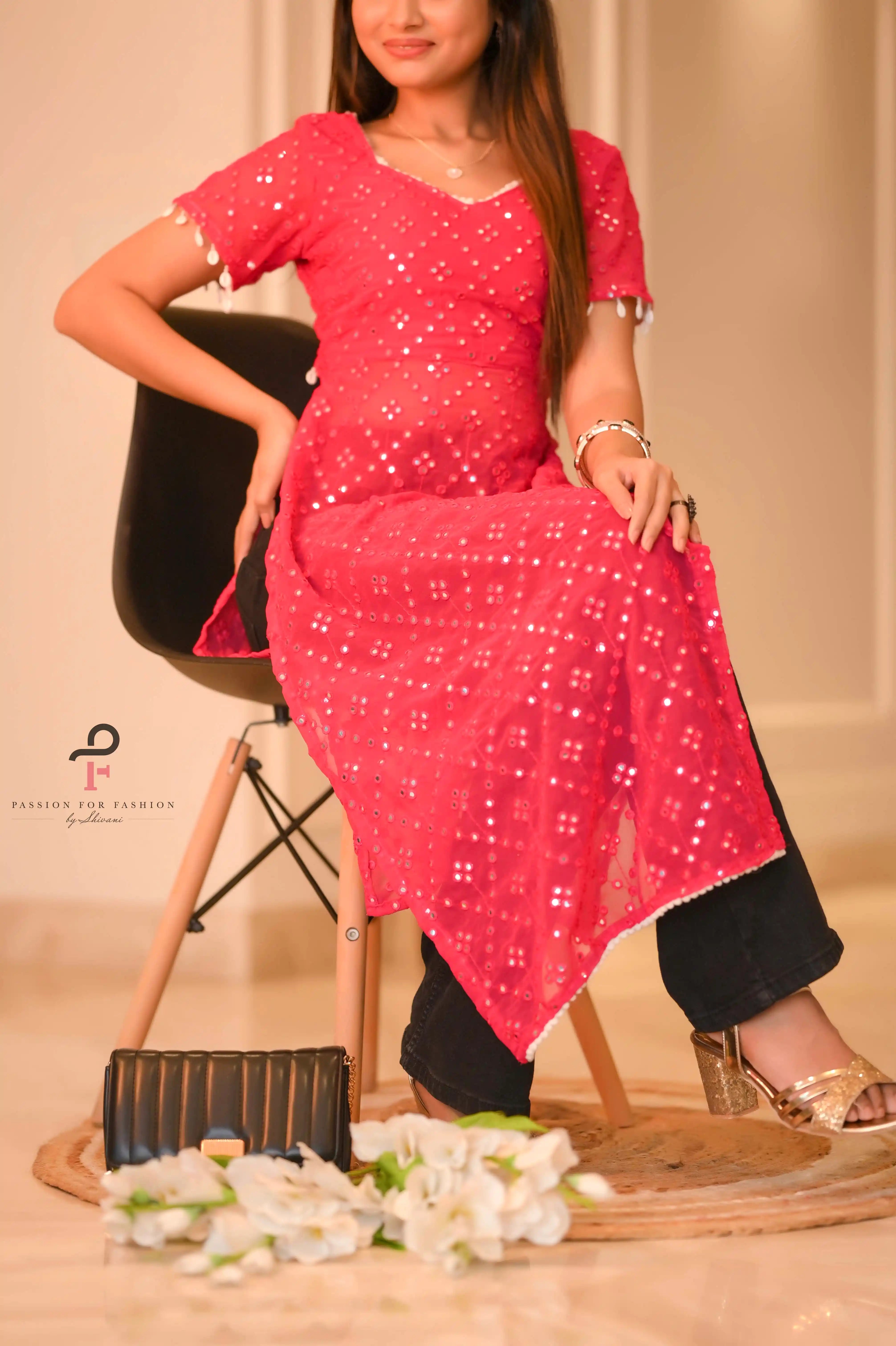 Hot Pink Embroidered Denim Gulnaz Kurta