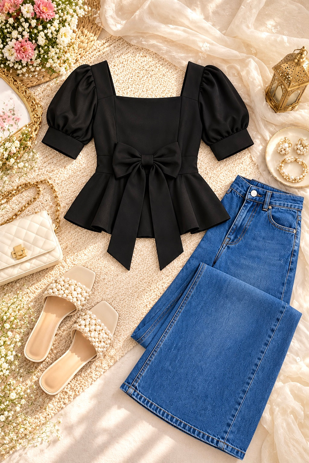 Chic Black Bow Puff Sleeves Top