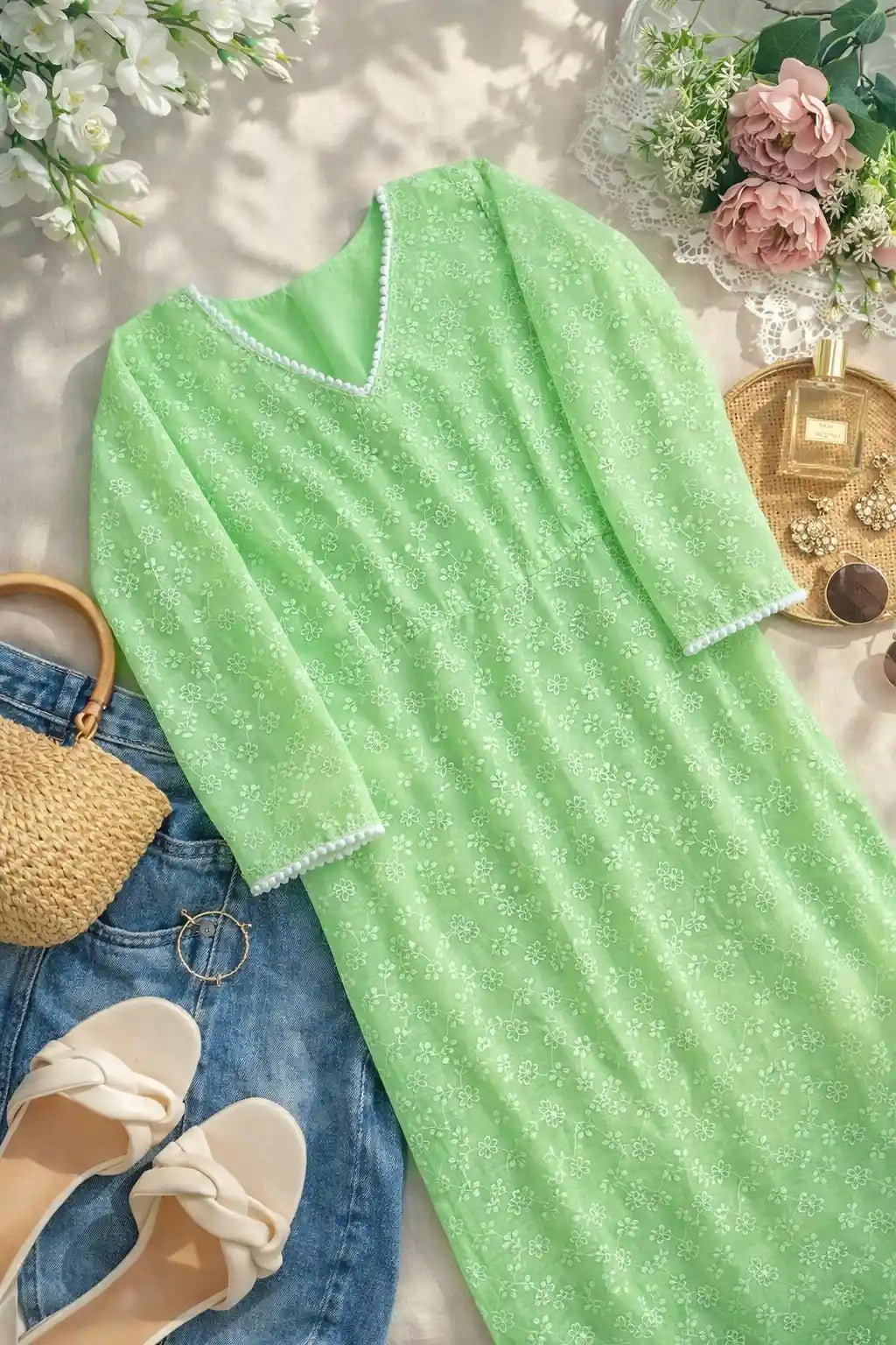 Gulnaz Mint Chikankari Lace-Up Kurta