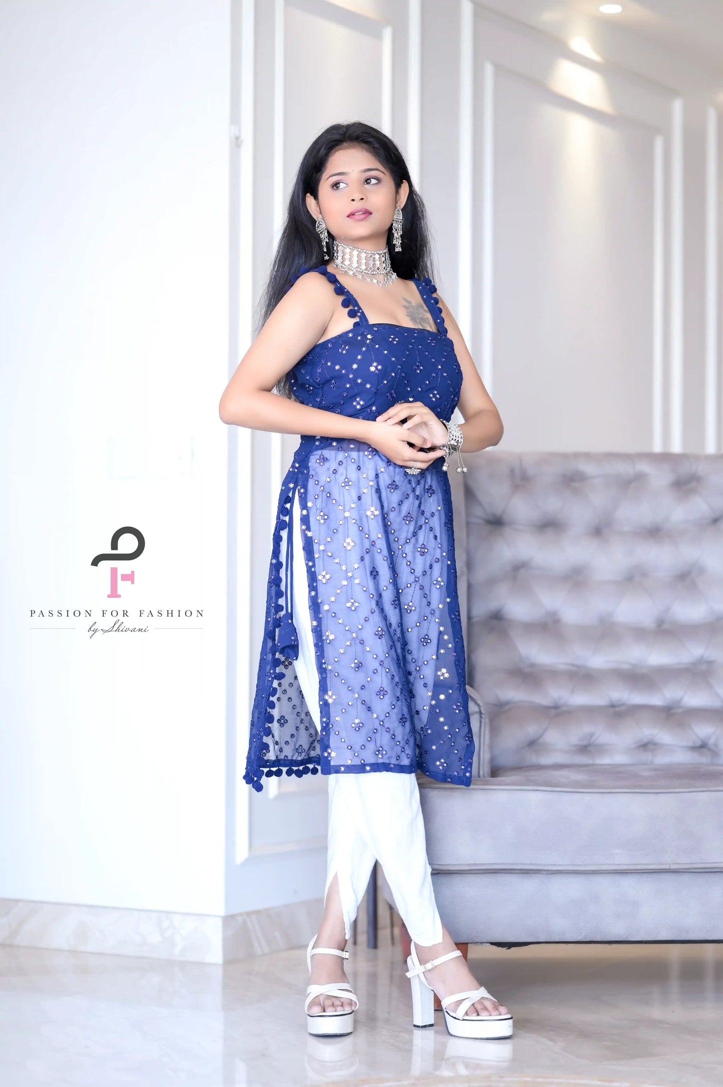 Shimmer Blue Embroidered Gulnaz Kurta