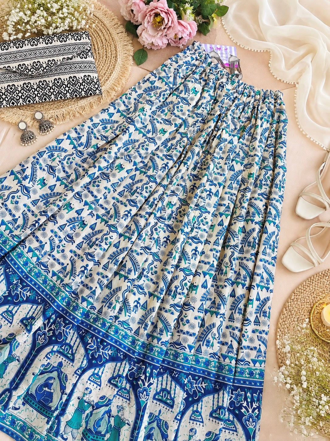 Blue Jaipuri Folk Art Printed Twirl Skirt