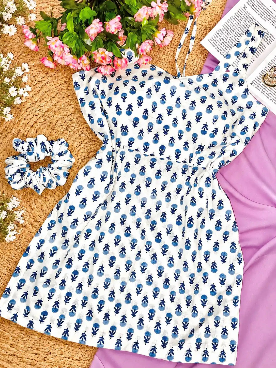 Blue Blossom Handblock Short Kurta