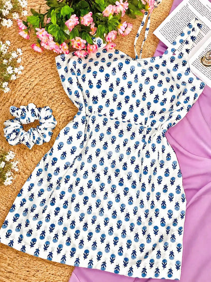 Blue Blossom Handblock Short Kurta