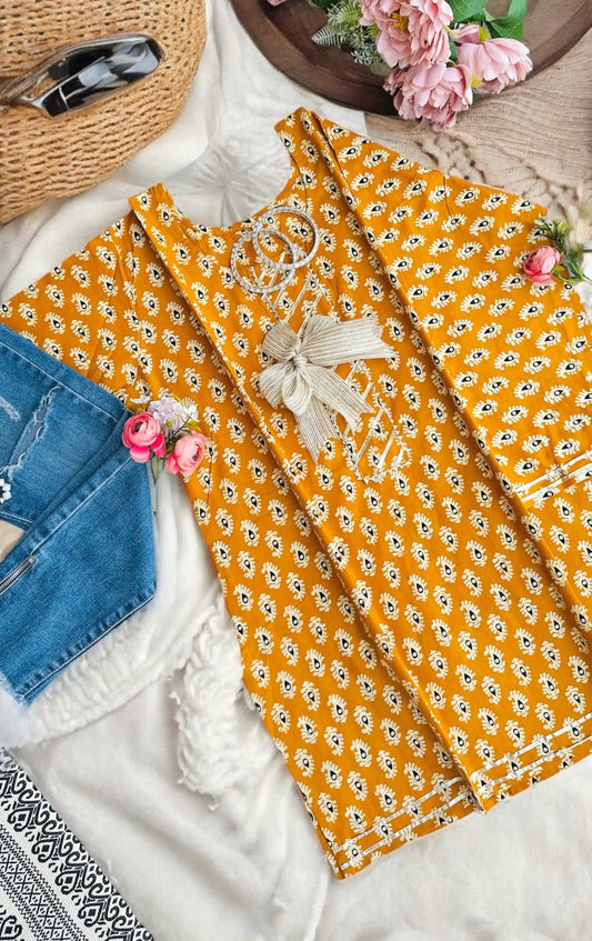 Mustard Handprinted Short Kurta