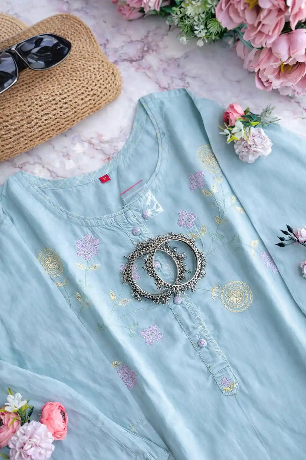 Pastel Aqua Blossom Kurta Set