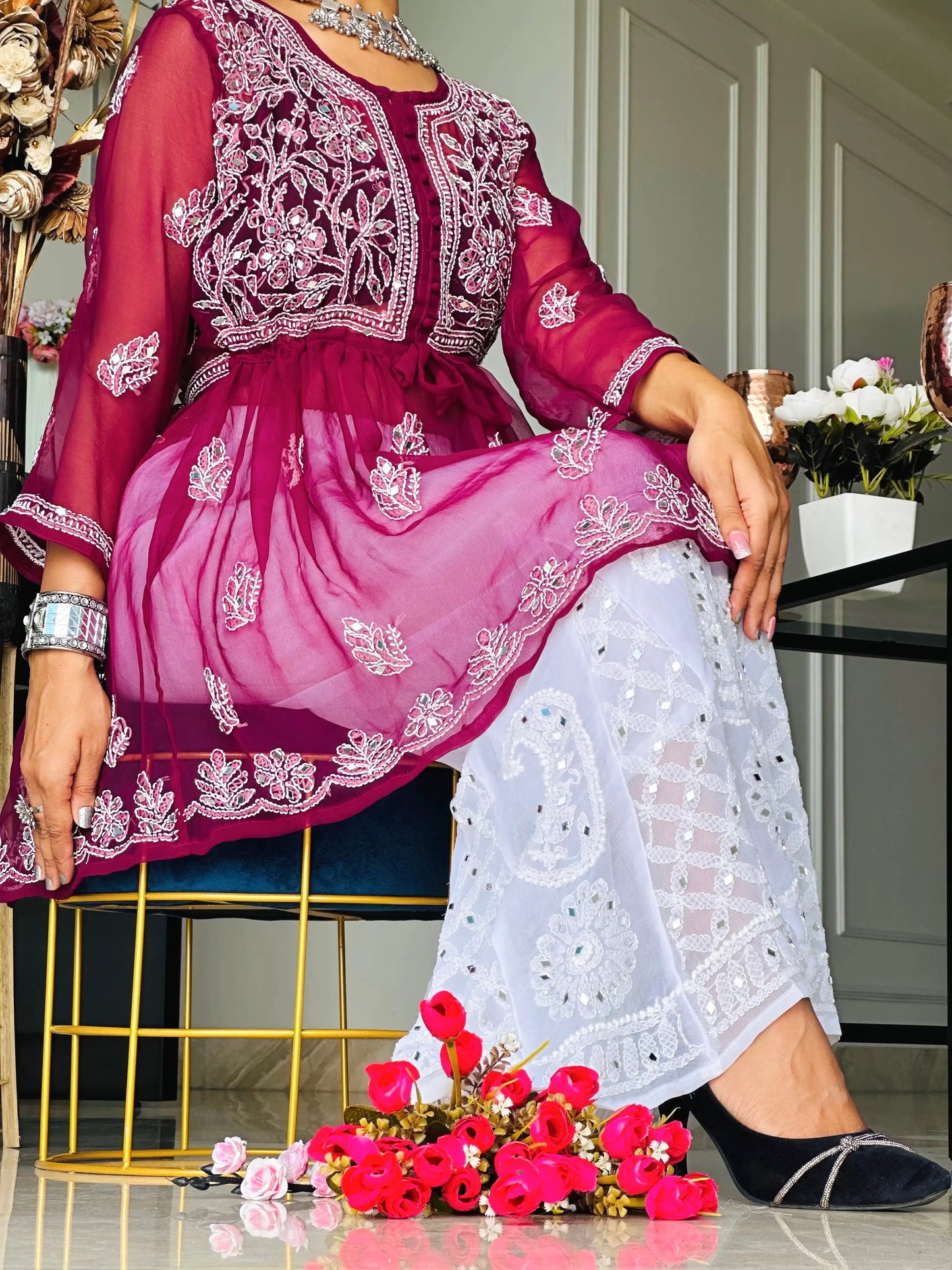 Swati's Plum Wine Noor Mirror Chikankari