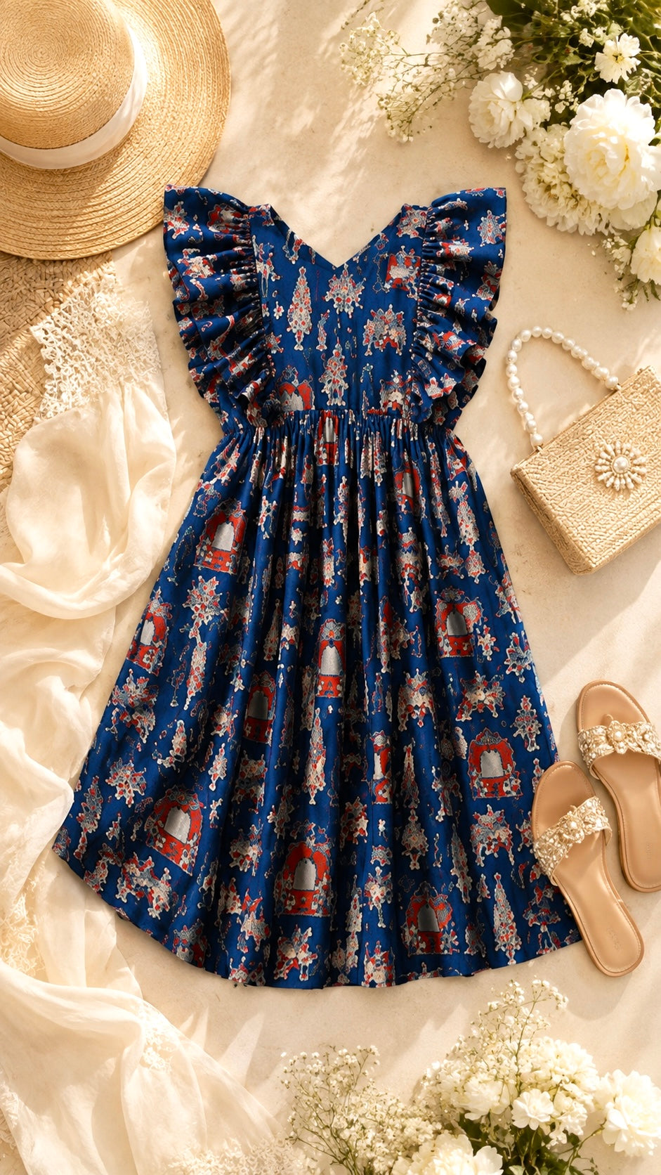 Blue Worli Frill Flared Cotton Dress
