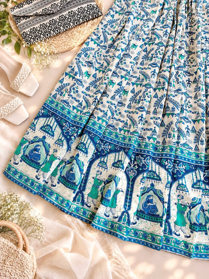 Blue Jaipuri Folk Art Printed Twirl Skirt