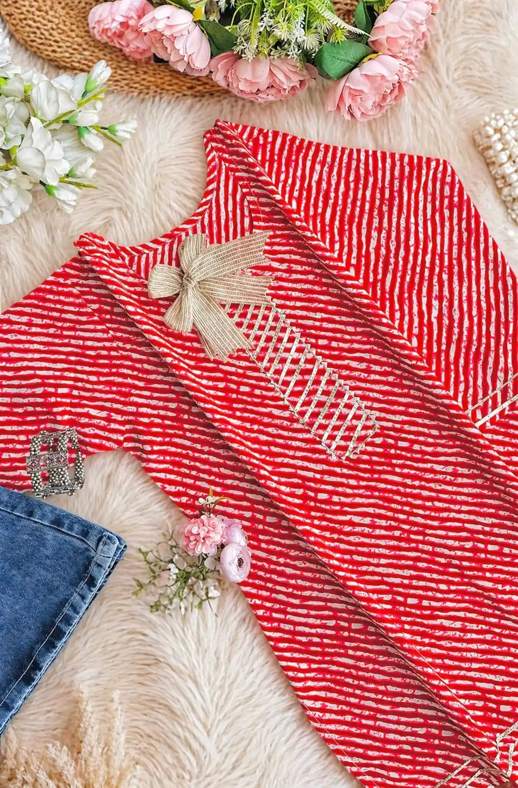 Red Lehriya Jaipuri Short Kurta