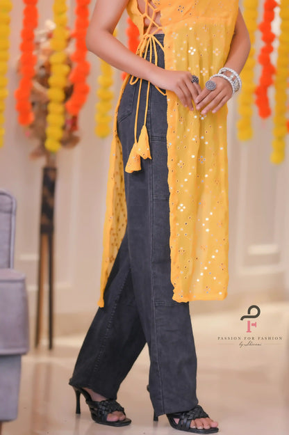 Embroidered Yellow Mirror Gulnaz Kurta