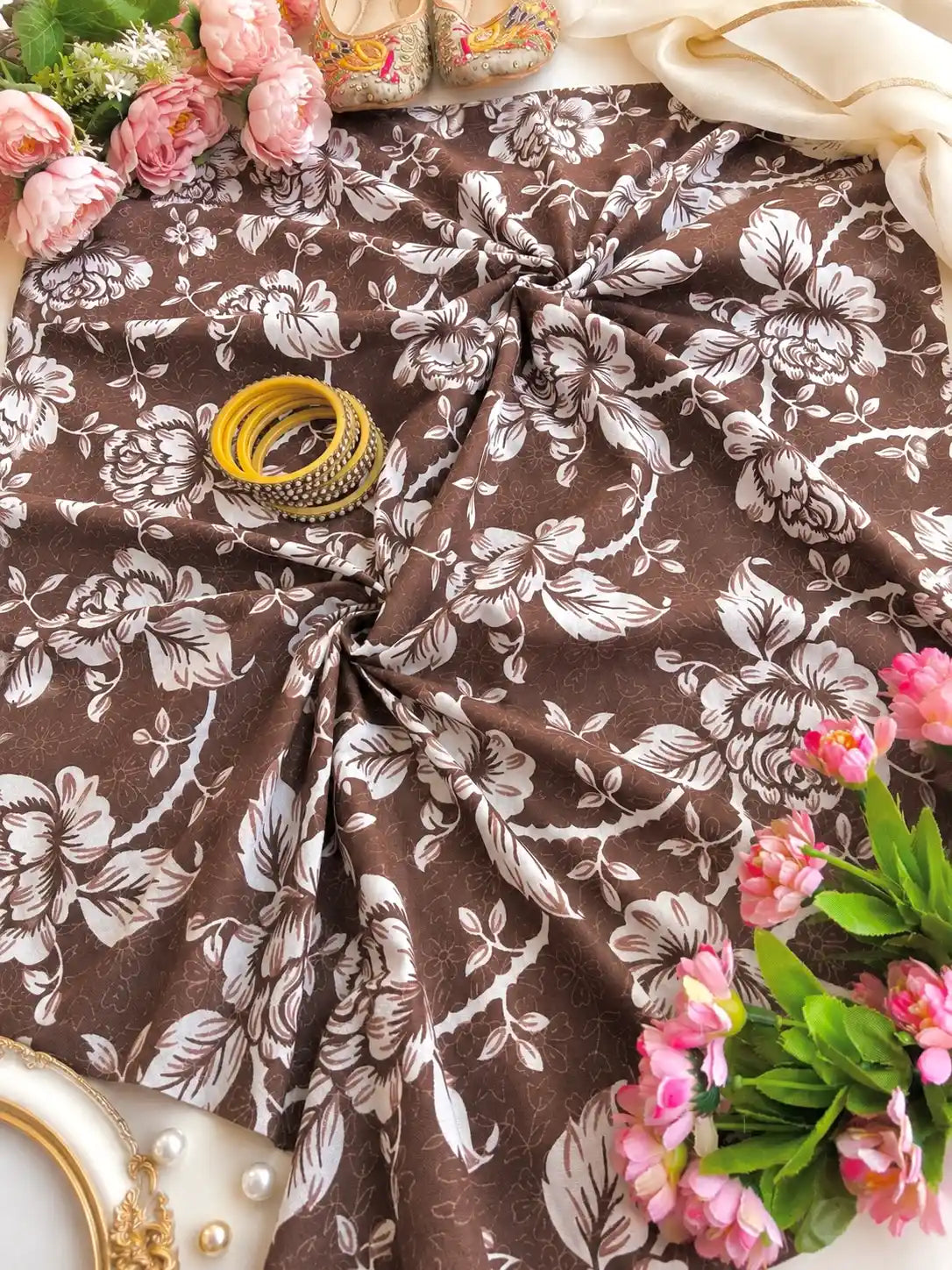 Brown Floral Printed Premium Cotton Fabric Cut