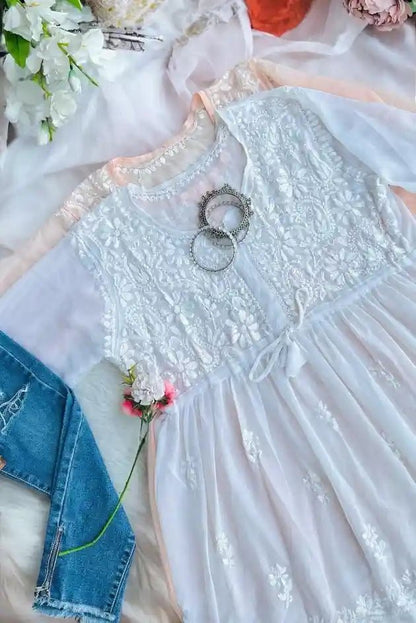 Dreamy White Short Chikan Top - Passion for Fashion by Shivani