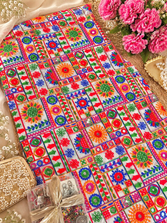 Multicolor Hand Embroidered Patchwork Printed Fabric Cut