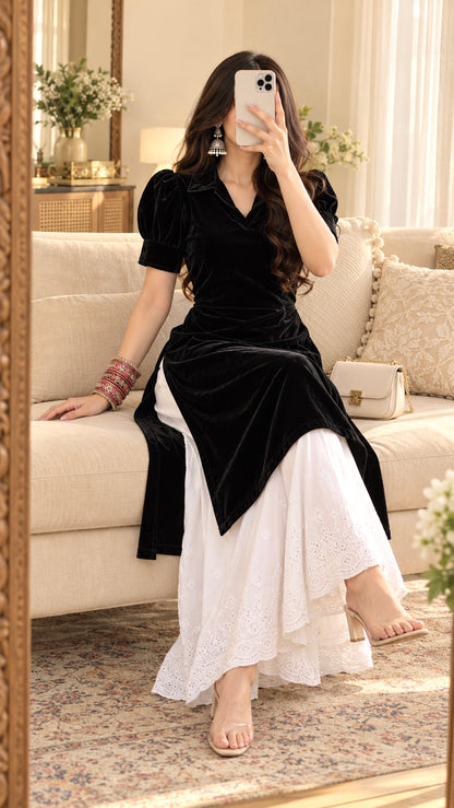 Royal Black Collar Velvet Gulnaz Kurta