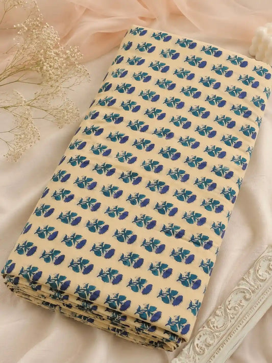 Premium Beige Blue Floral Cotton Fabric