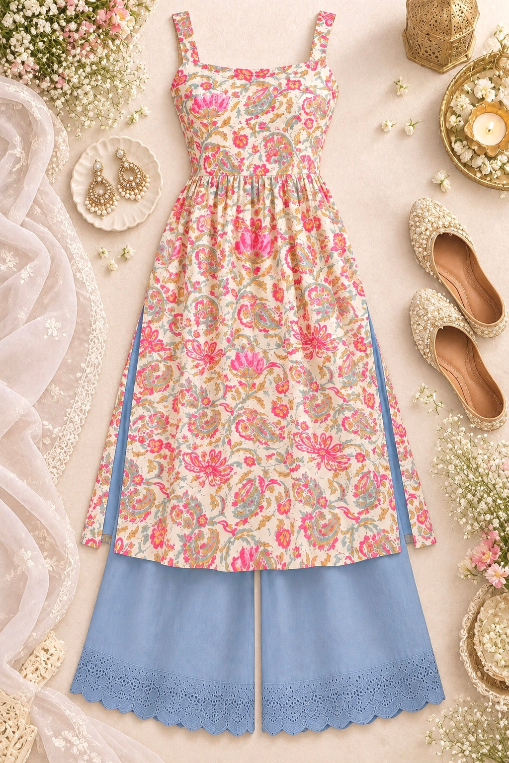 Gulnaz Blush Paisley Pleated Cotton Kurta