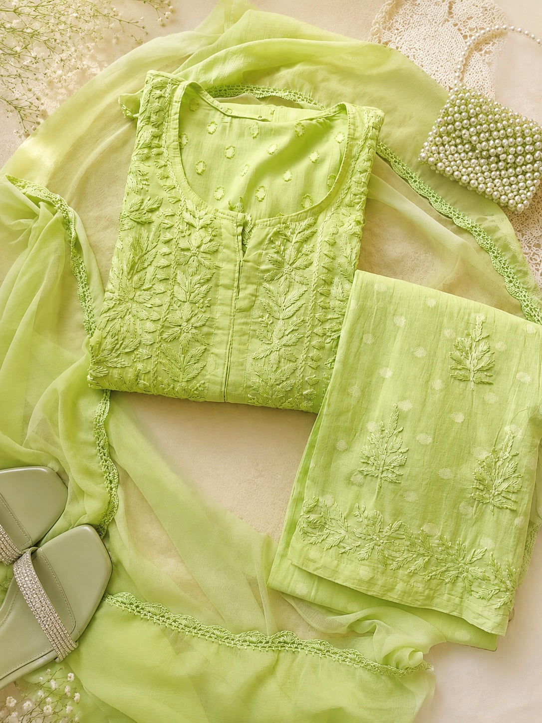 Blush Green Chikankari Embroidered Suit Set