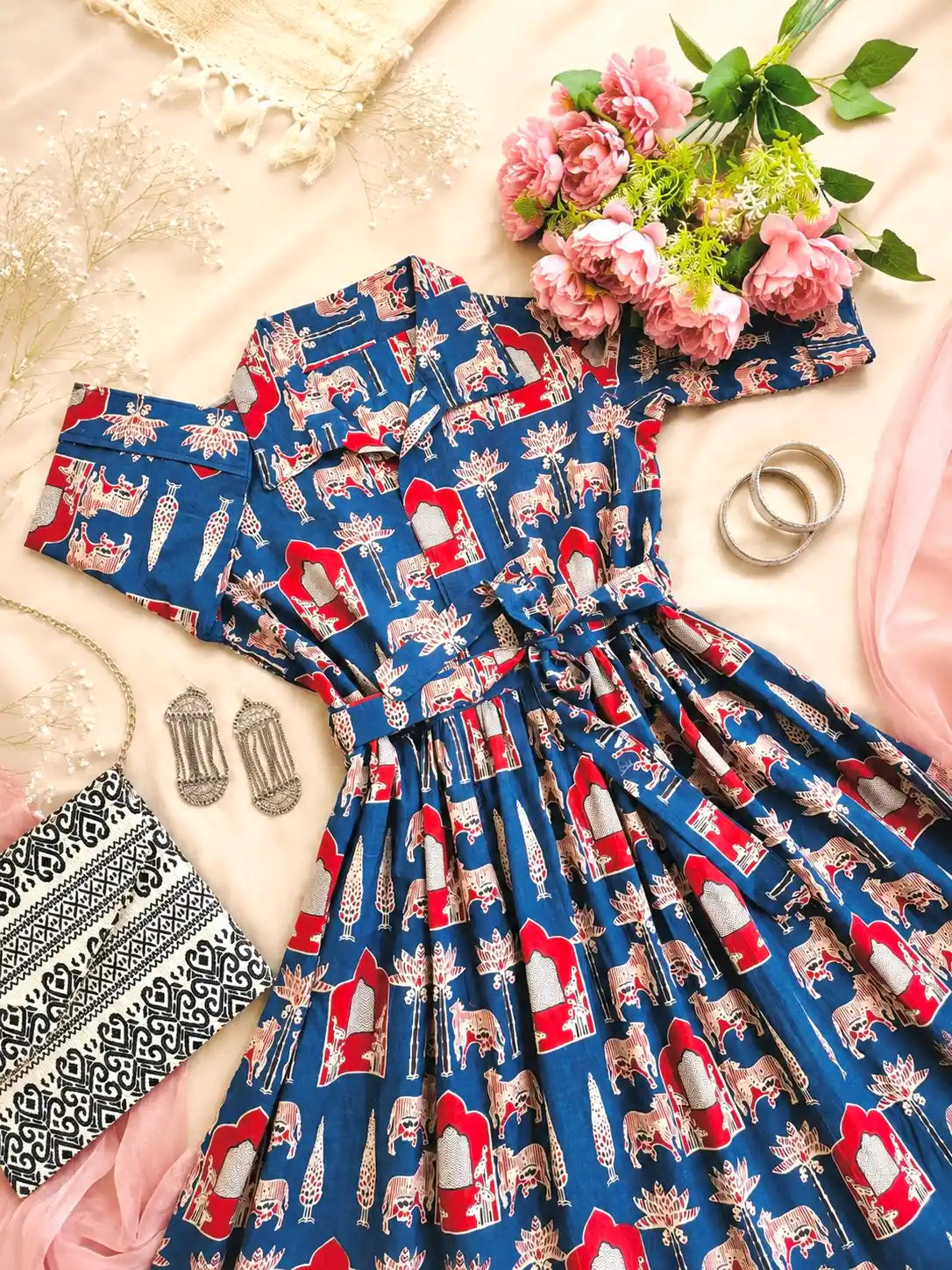 Blue Worli Collar Flared Dress